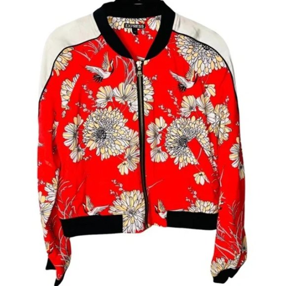 EXPRESS Reddish Orange/Multi Floral Bird Print Soft Bomber Jacket Women's Medium - Picture 3 of 11